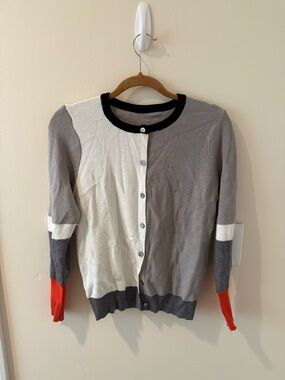 Colorblock Gray and Cream Cardigan Sweater with Orange Cuff Accents